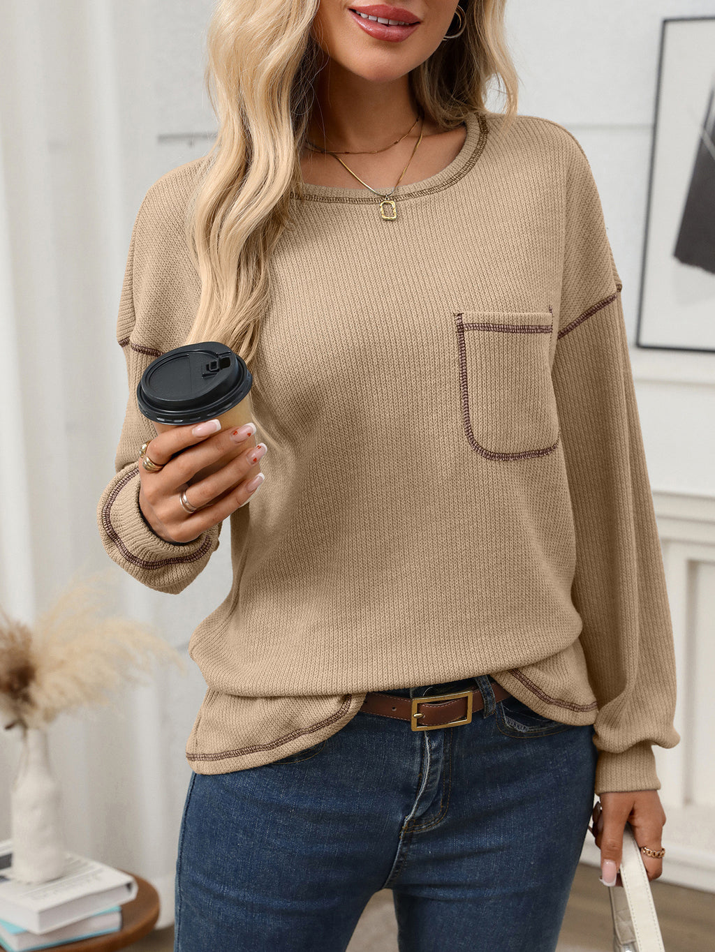 Waffle Knit Patch Pocket Long Sleeve Top - Khaki