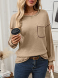 Waffle Knit Patch Pocket Long Sleeve Top - Khaki
