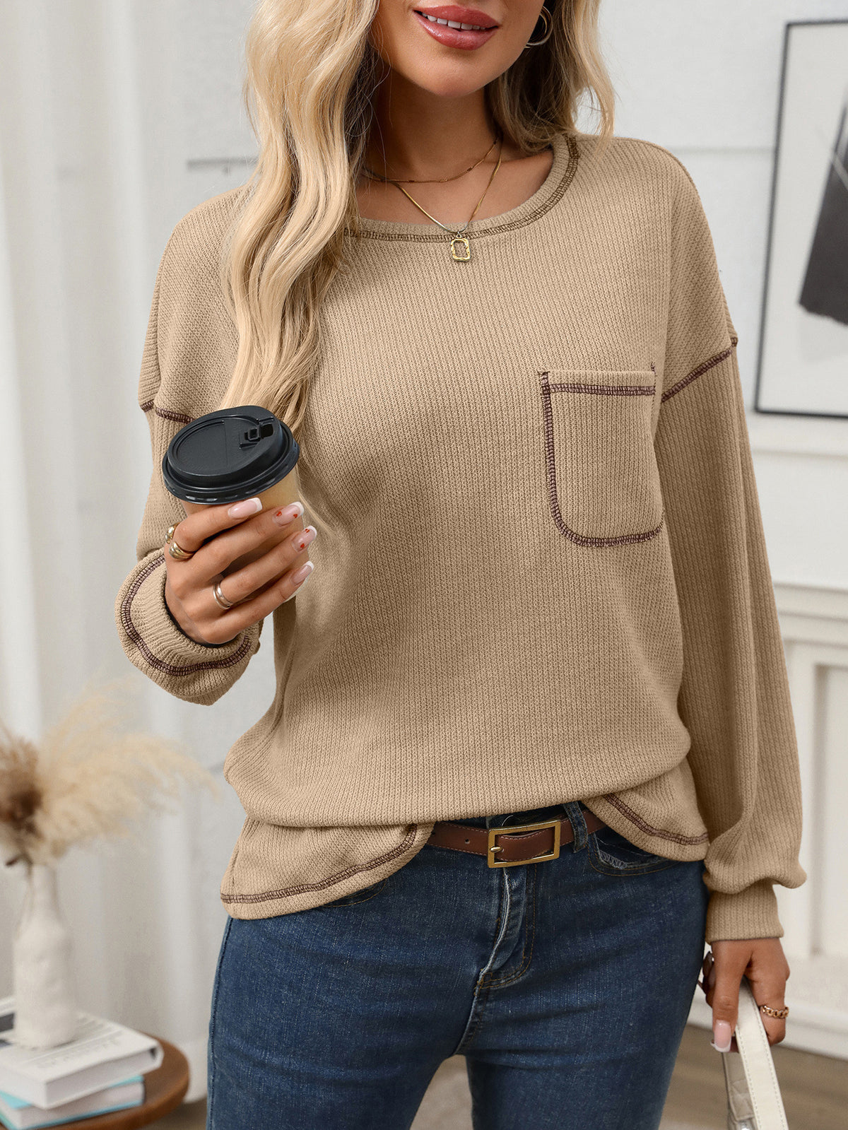 Waffle Knit Patch Pocket Long Sleeve Top - Khaki