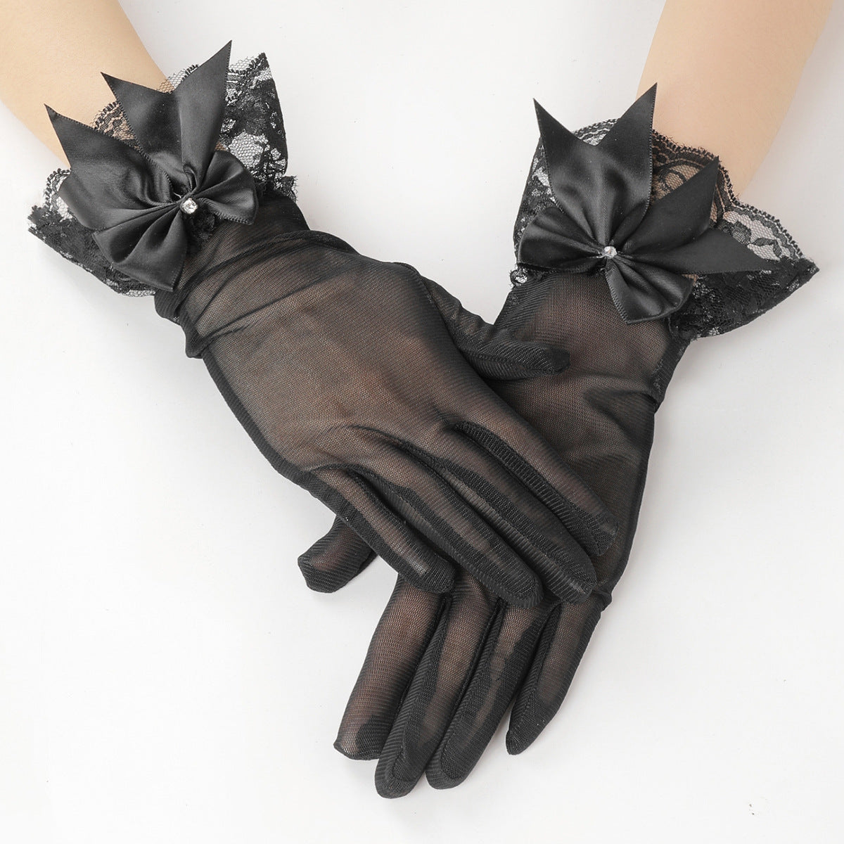 Sheer Mesh Gloves With Satin Bow - Black