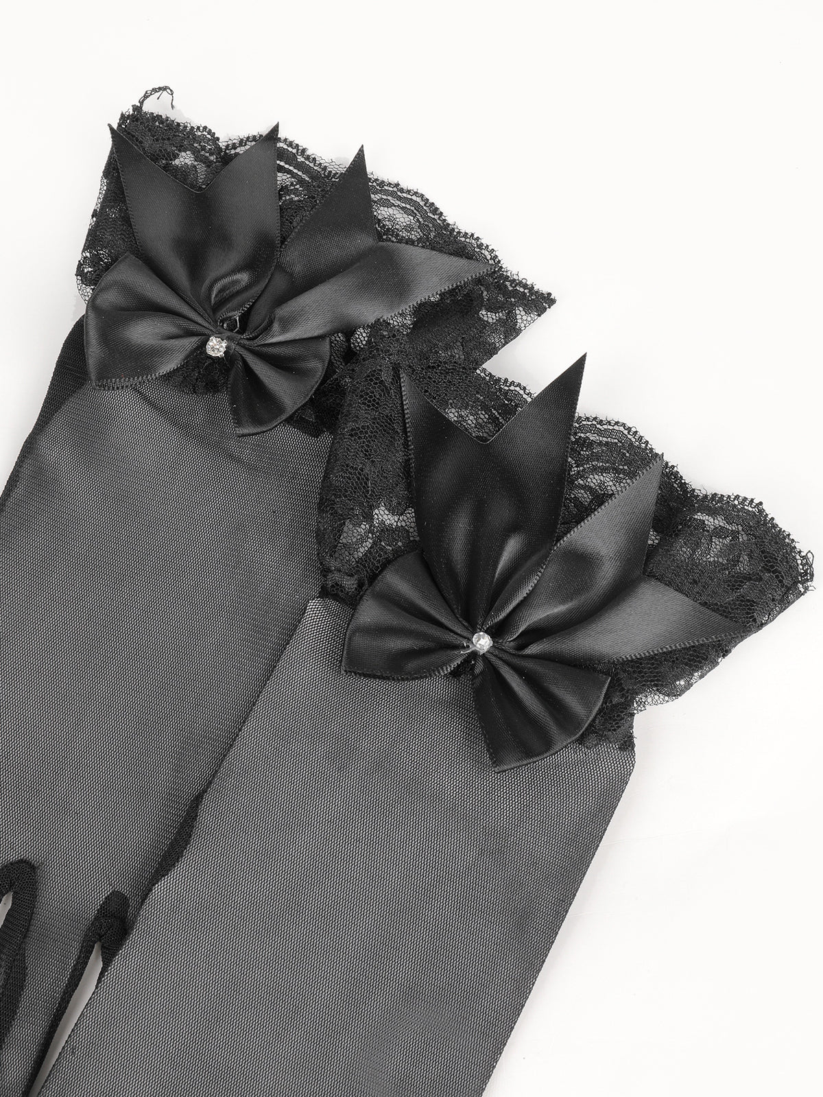 Sheer Mesh Gloves With Satin Bow - Black - 1