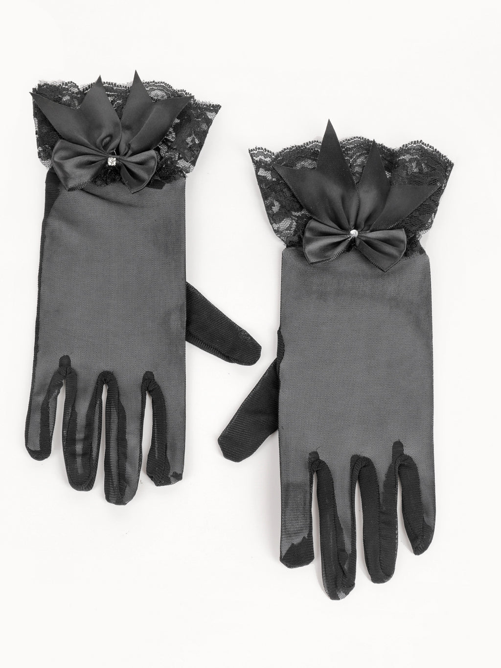 Sheer Mesh Gloves With Satin Bow - Black - 2