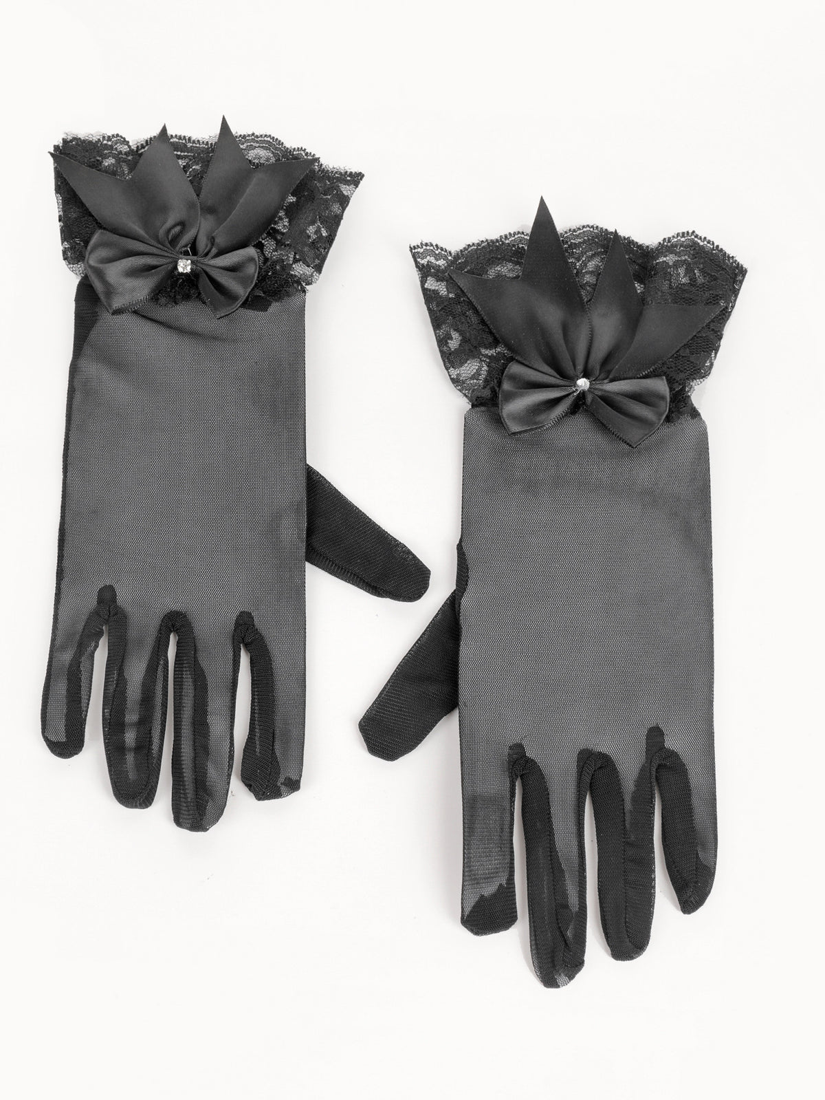 Sheer Mesh Gloves With Satin Bow - Black - 2