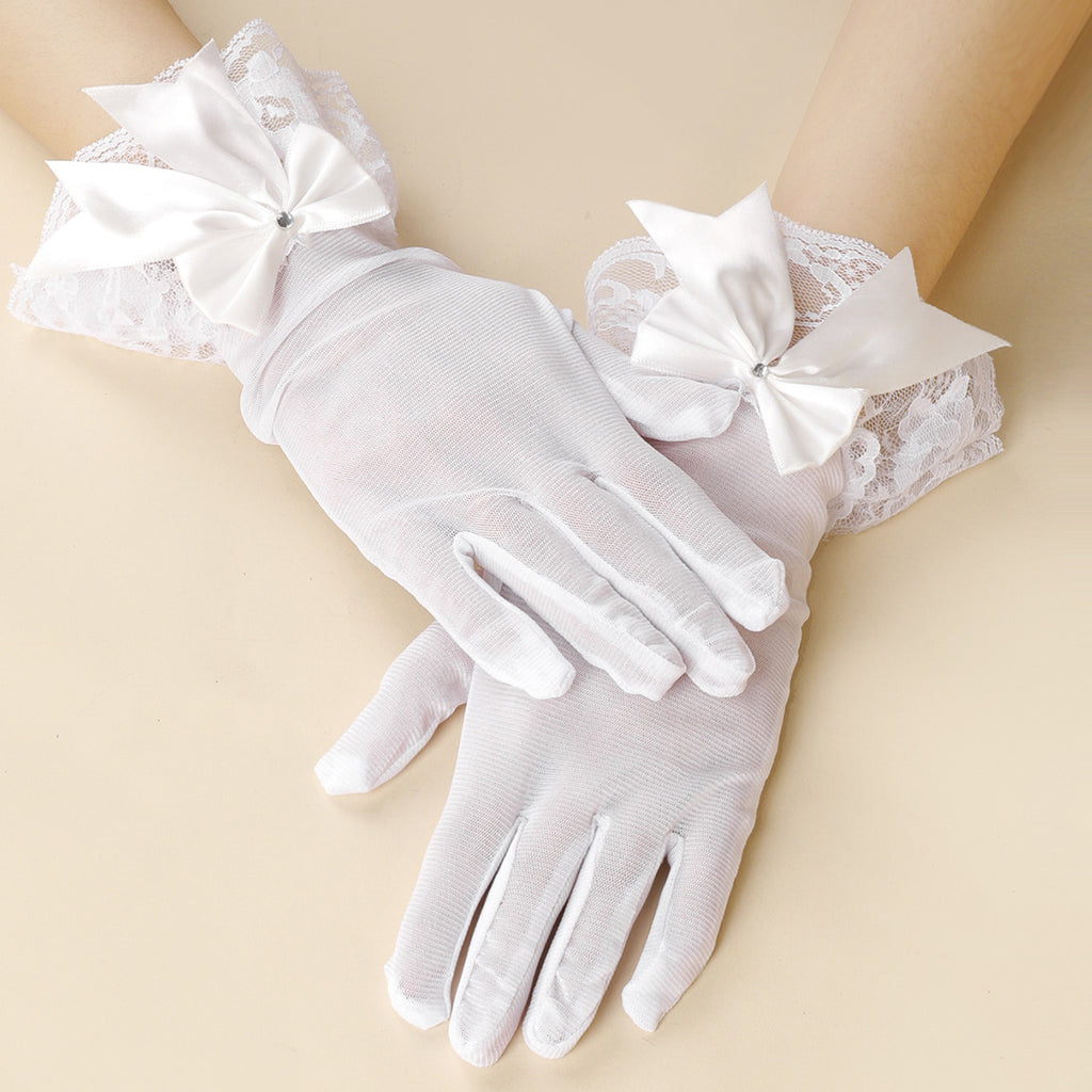 Sheer Mesh Gloves With Satin Bow - White