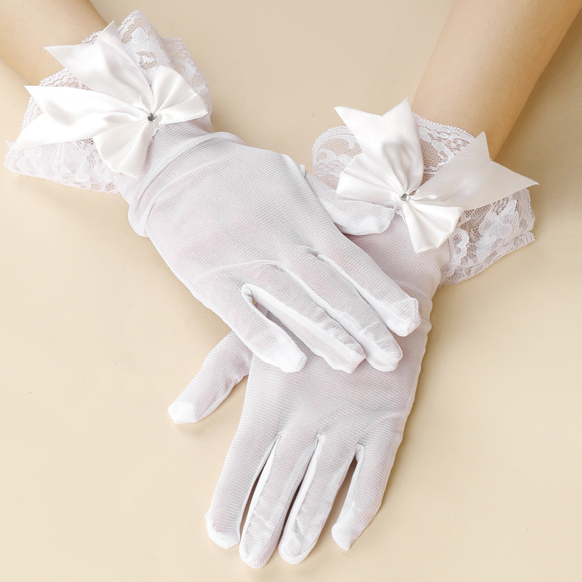 Sheer Mesh Gloves With Satin Bow - White