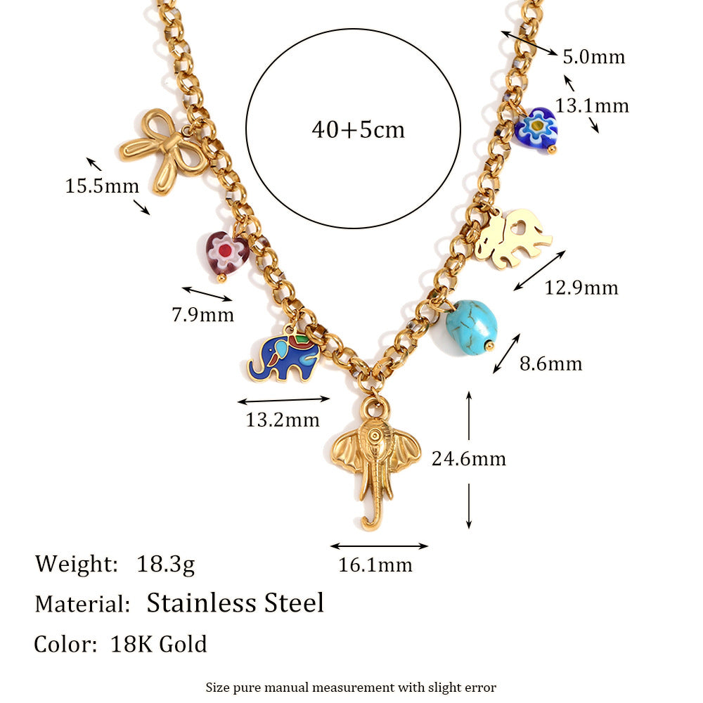 Elephant and Turquoise Charm Necklace - Gold