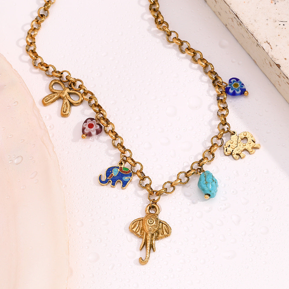 Elephant and Turquoise Charm Necklace - Gold - 1