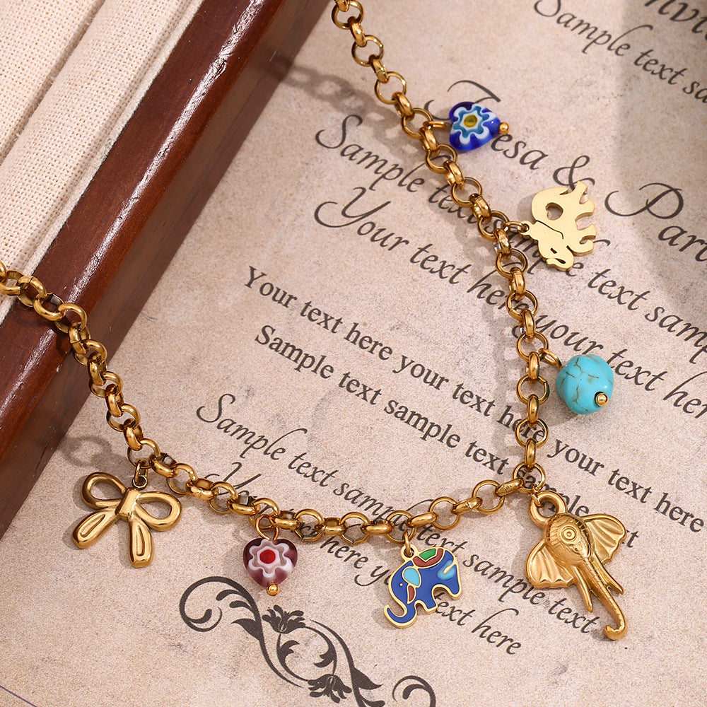 Elephant and Turquoise Charm Necklace - Gold - 2