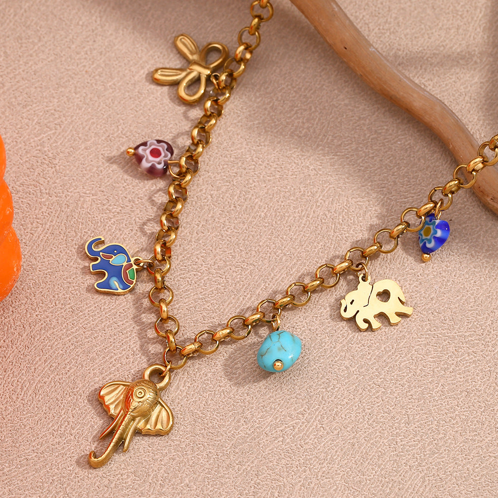 Elephant and Turquoise Charm Necklace - Gold - 3