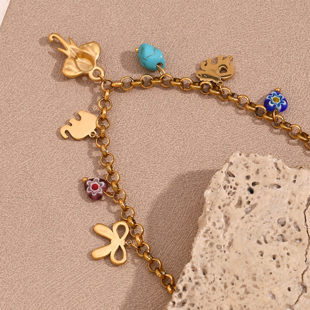 Elephant and Turquoise Charm Necklace - Gold - 4