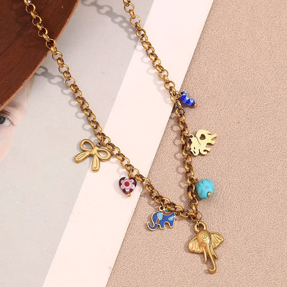 Elephant and Turquoise Charm Necklace - Gold - 5