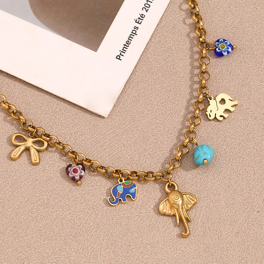 Elephant and Turquoise Charm Necklace - Gold - 6
