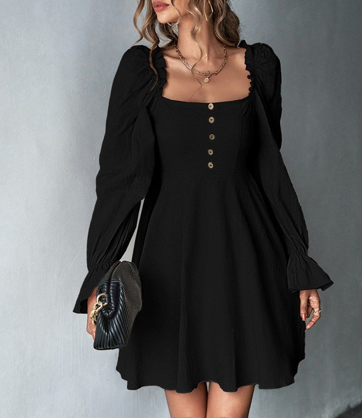 Square Neck Puff Sleeve Button Front A-Line Mini Dress - Black - 1