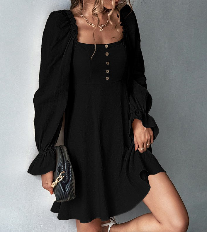 Square Neck Puff Sleeve Button Front A-Line Mini Dress - Black - 2
