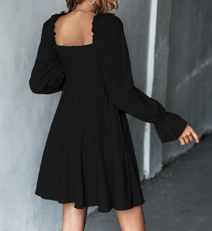 Square Neck Puff Sleeve Button Front A-Line Mini Dress - Black - 3