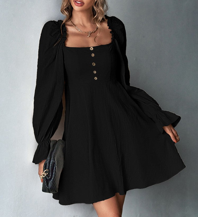 Square Neck Puff Sleeve Button Front A-Line Mini Dress - Black - 4