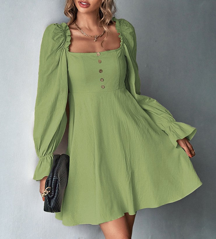 Square Neck Puff Sleeve Button Front A-Line Mini Dress - Green