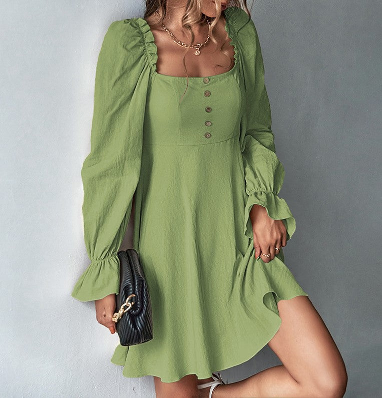 Square Neck Puff Sleeve Button Front A-Line Mini Dress - Green - 1