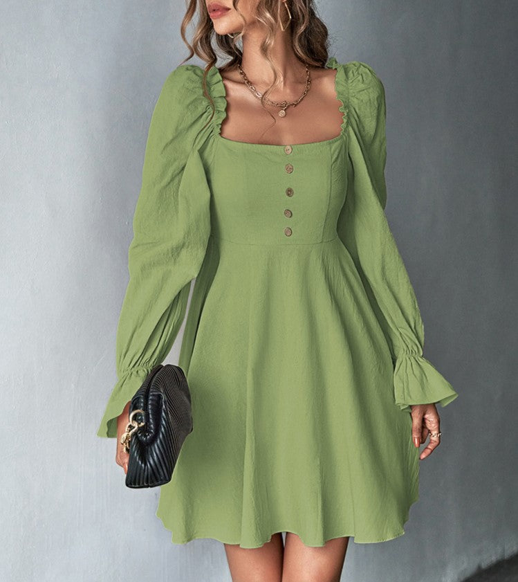 Square Neck Puff Sleeve Button Front A-Line Mini Dress - Green - 4