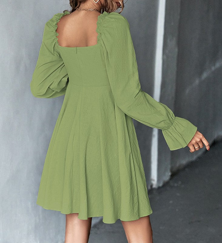 Square Neck Puff Sleeve Button Front A-Line Mini Dress - Green - 5