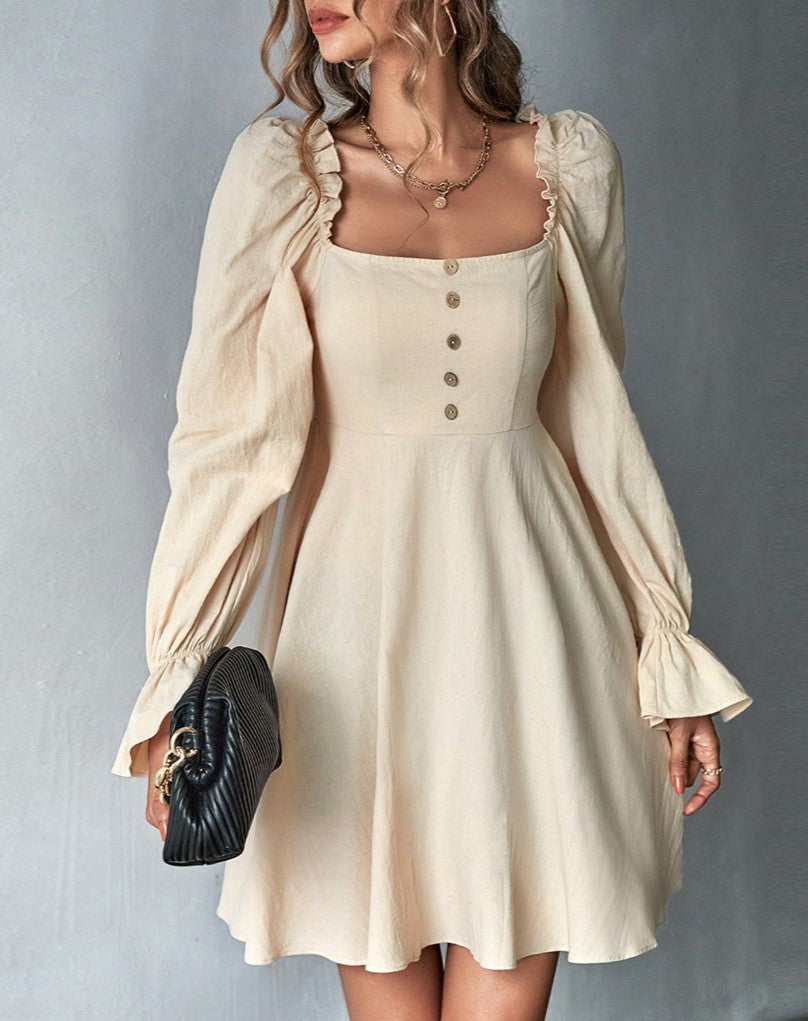 Square Neck Puff Sleeve Button Front A-Line Mini Dress - Khaki