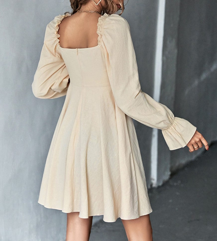 Square Neck Puff Sleeve Button Front A-Line Mini Dress - Khaki - 1
