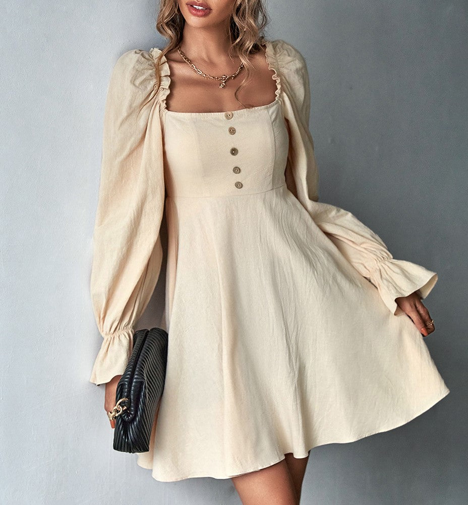 Square Neck Puff Sleeve Button Front A-Line Mini Dress - Khaki - 2