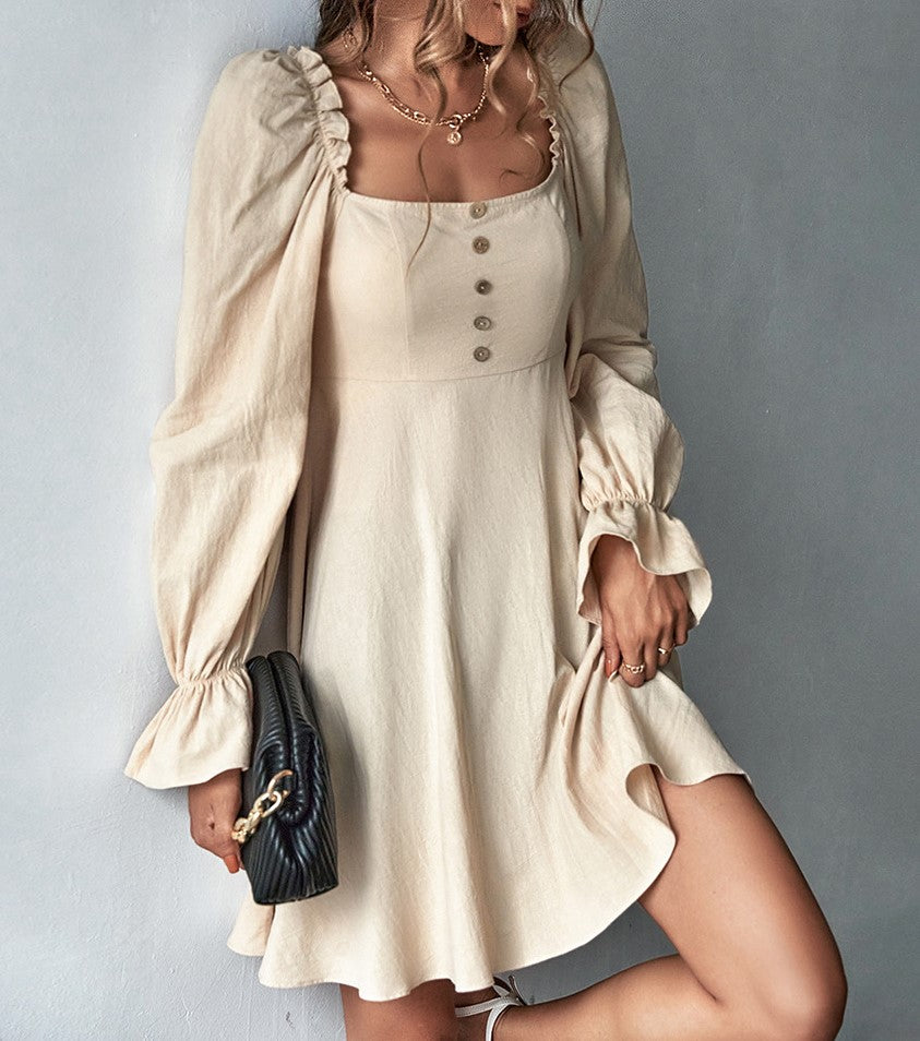 Square Neck Puff Sleeve Button Front A-Line Mini Dress - Khaki - 3
