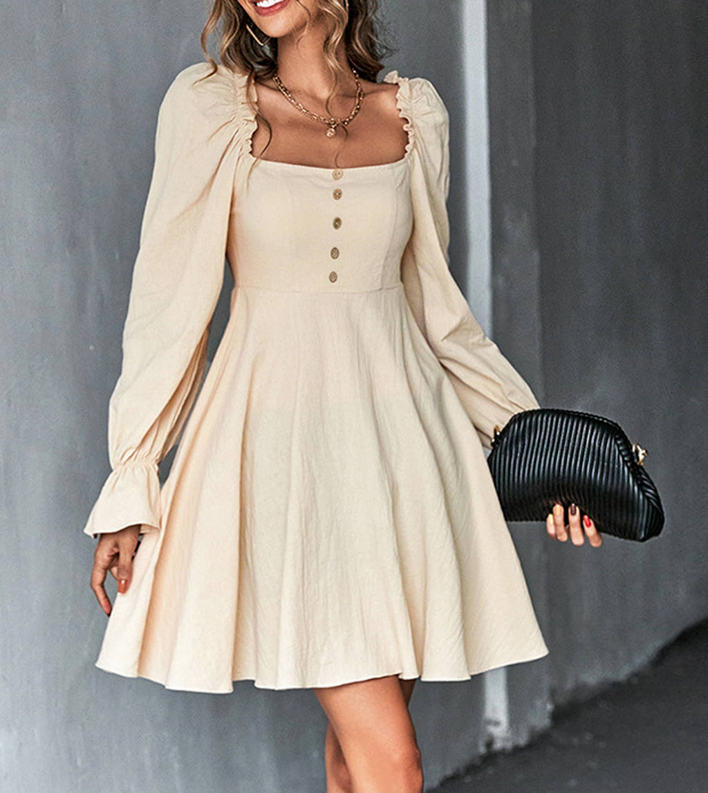 Square Neck Puff Sleeve Button Front A-Line Mini Dress