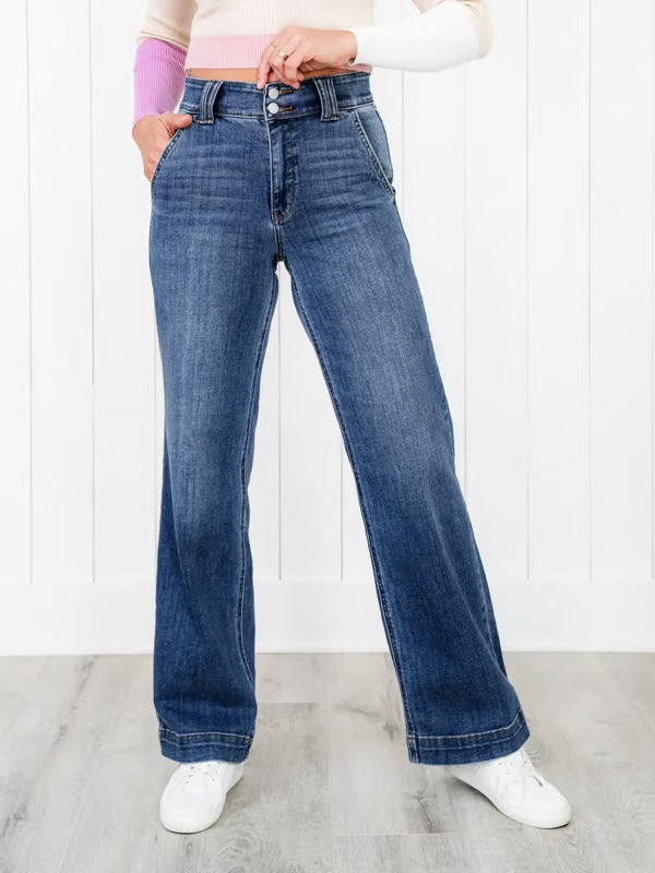 Washed High Waist Straight Leg Jeans - Blue