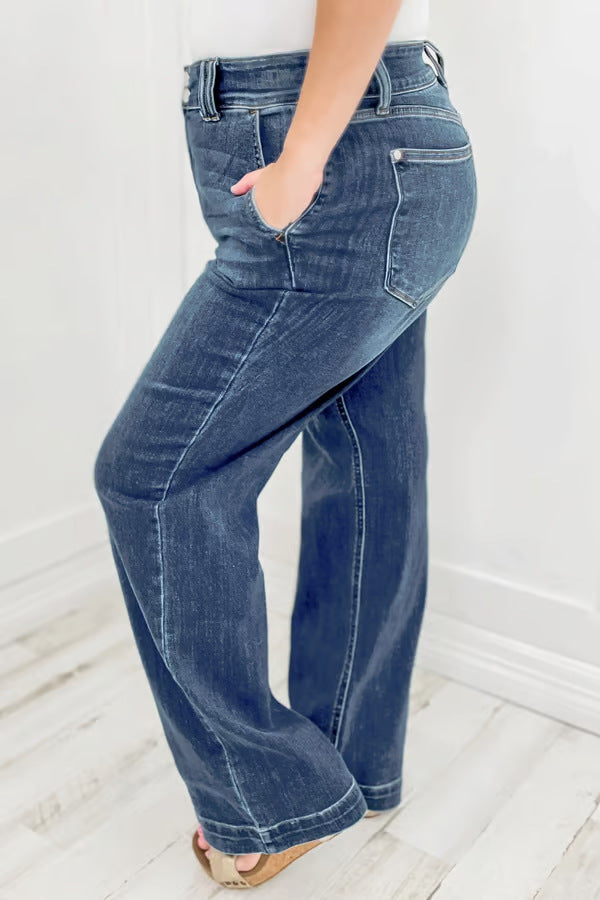 Washed High Waist Straight Leg Jeans - Blue - 3