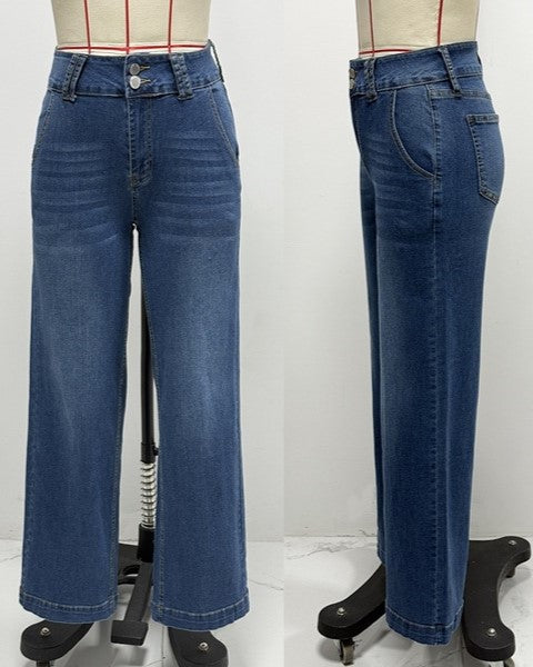 Washed High Waist Straight Leg Jeans - DarkBlue