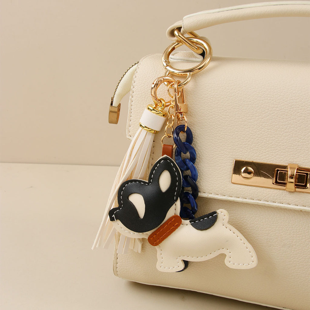 Faux Leather Puppy Bag Charm Keychain With Tassel - White