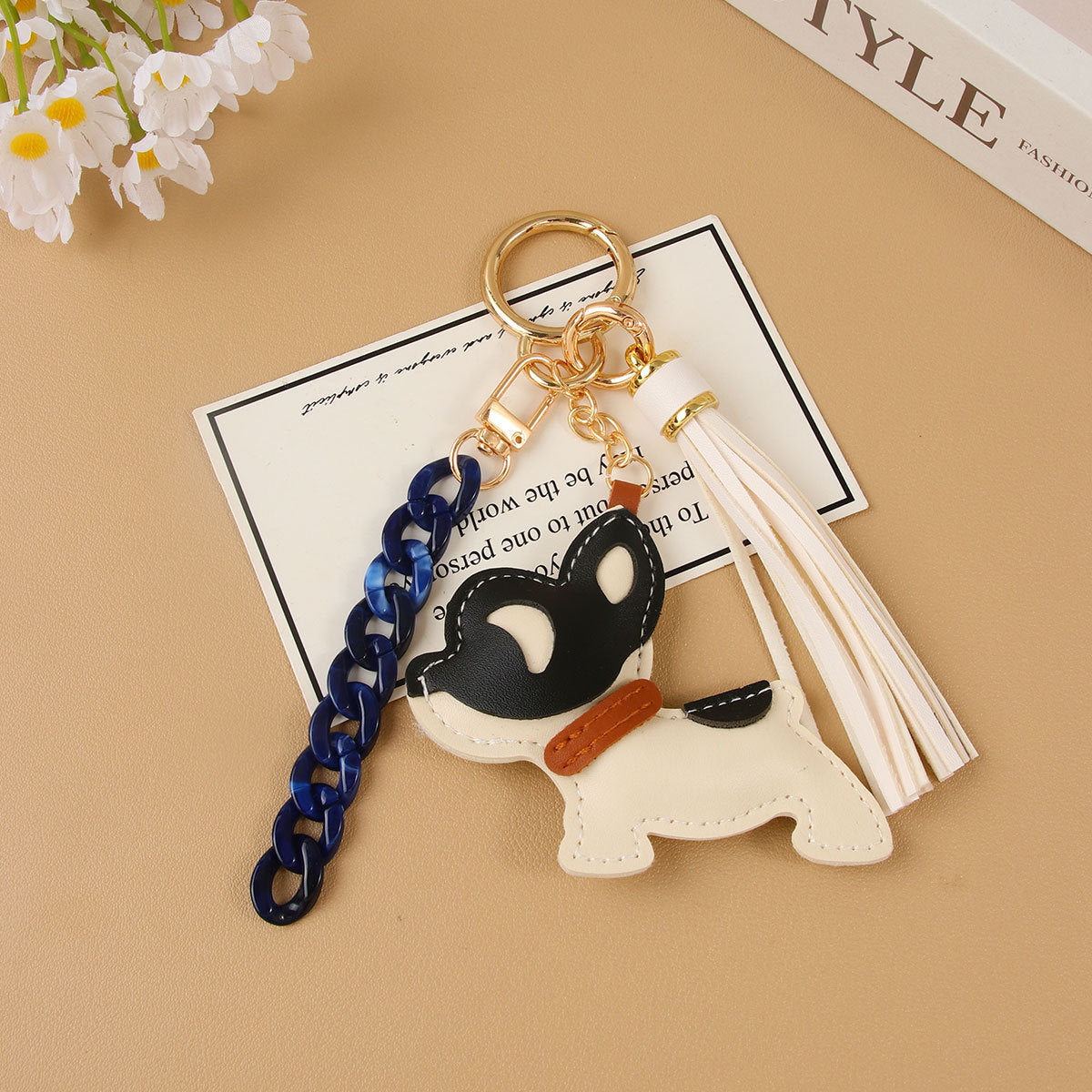Faux Leather Puppy Bag Charm Keychain With Tassel - White - 2