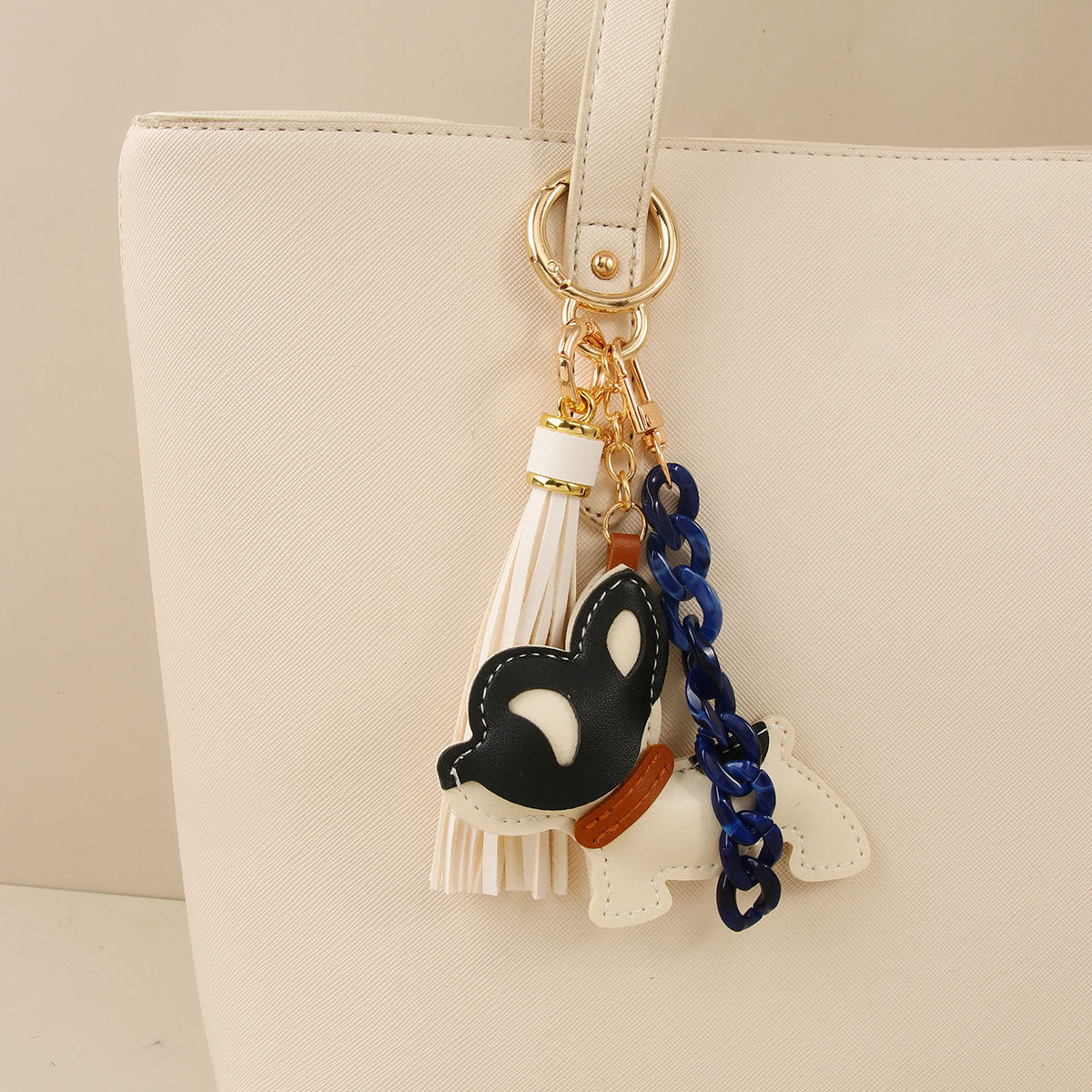 Faux Leather Puppy Bag Charm Keychain With Tassel - White - 3