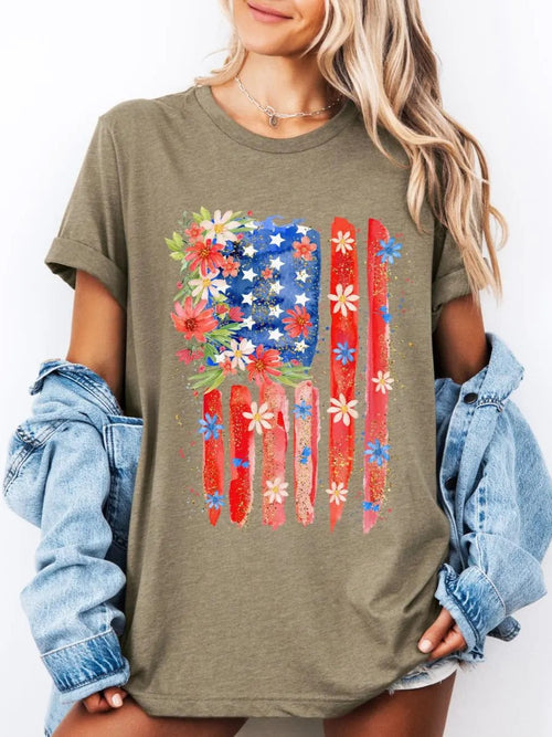 Americana Floral Flag Graphic Crewneck Tee - Olive