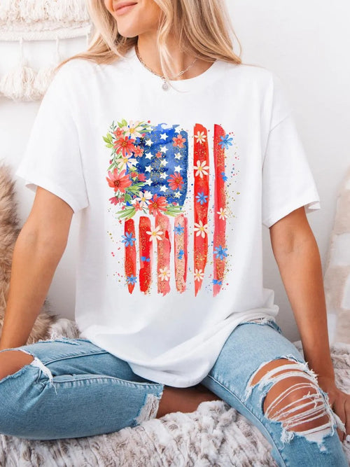 Americana Floral Flag Graphic Crewneck Tee - White
