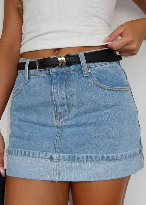 Cuffed Hem Stretch Denim Mini Skirt - Blue - 1