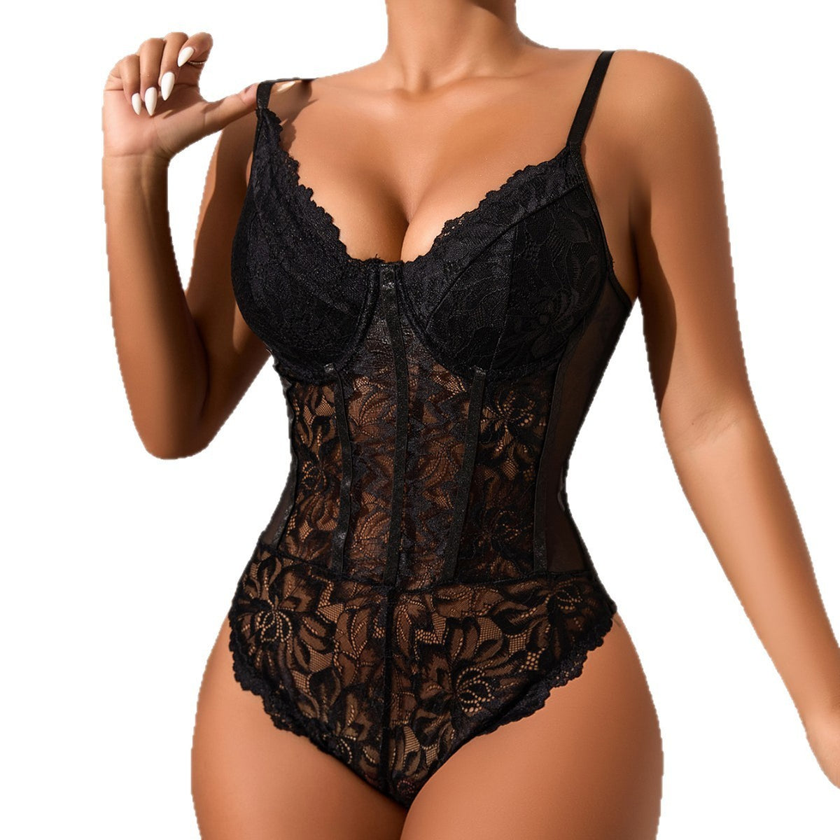 Floral Lace Underwire Boned Plunge Teddy Bodysuit