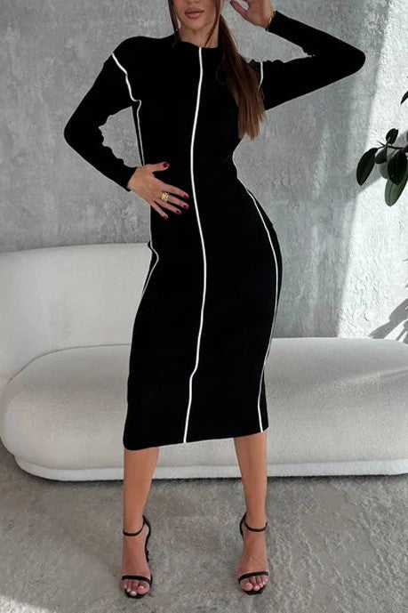 Contrast Piped High Neck Knit Midi Dress - Black - 1