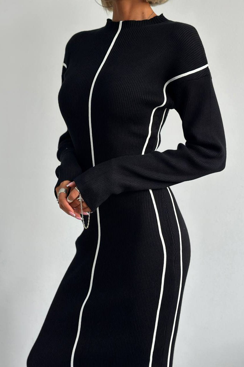 Contrast Piped High Neck Knit Midi Dress - Black - 2