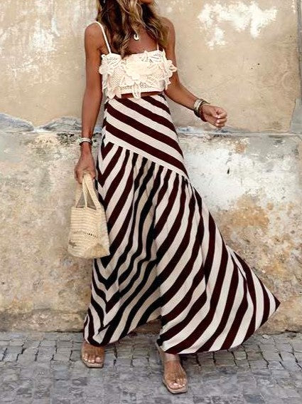 Diagonal Stripe High Waist Maxi Skirt - Coffee