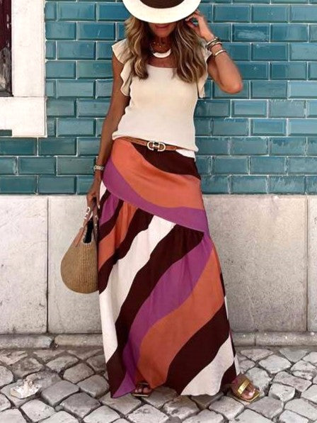 Diagonal Stripe High Waist Maxi Skirt - Wave - 1