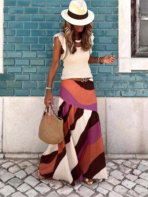 Diagonal Stripe High Waist Maxi Skirt - Wave - 2