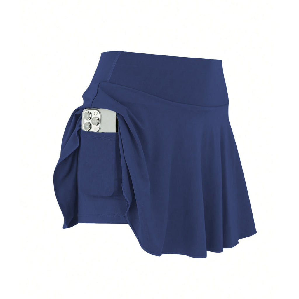 High Waist Tennis Skort With Phone Pocket - Navyblue