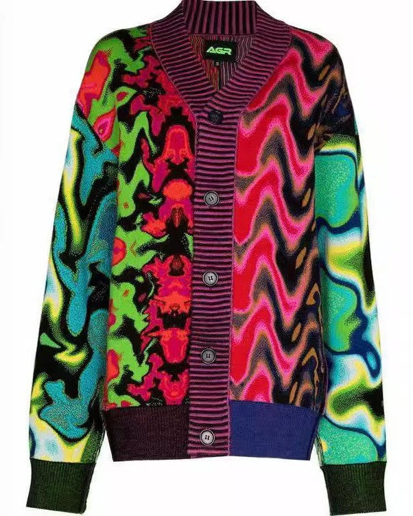 Psychedelic Swirl Knit V Neck Cardigan - Wine-Red