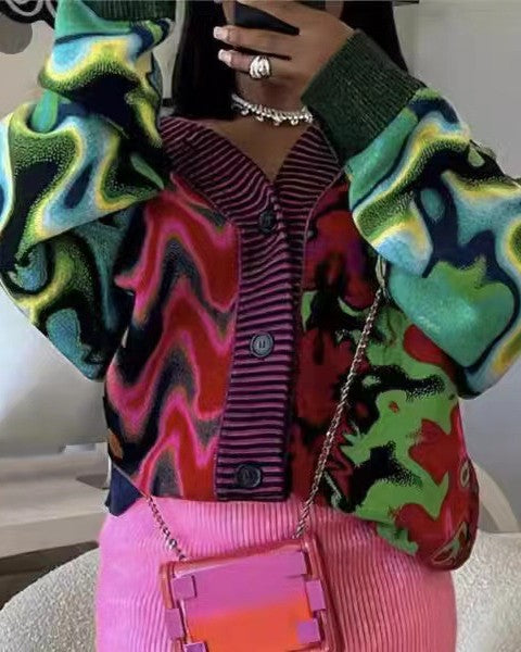 Psychedelic Swirl Knit V Neck Cardigan - Wine-Red - 1