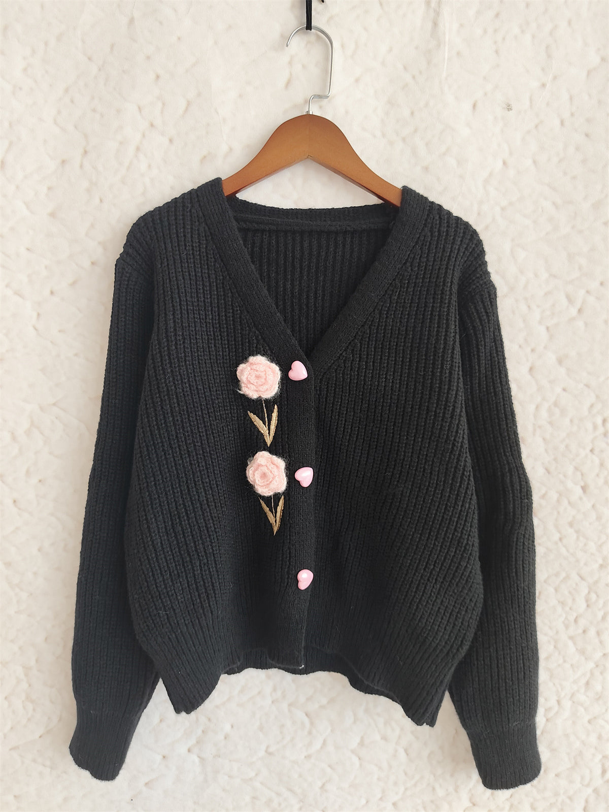 Blossom Applique Chunky Knit Cardigan - black