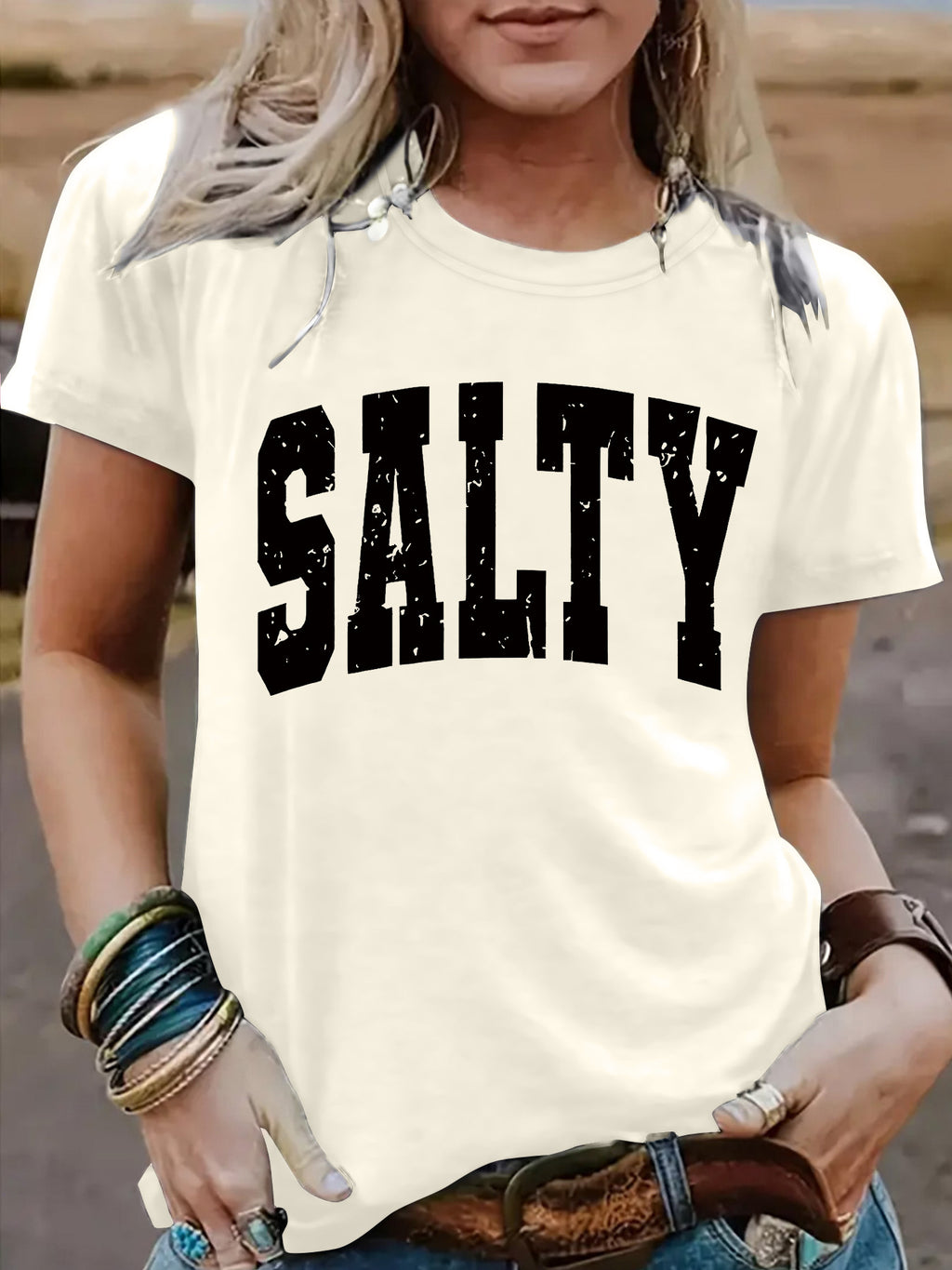 Salty Slogan Short Sleeve Graphic Tee - Apricot