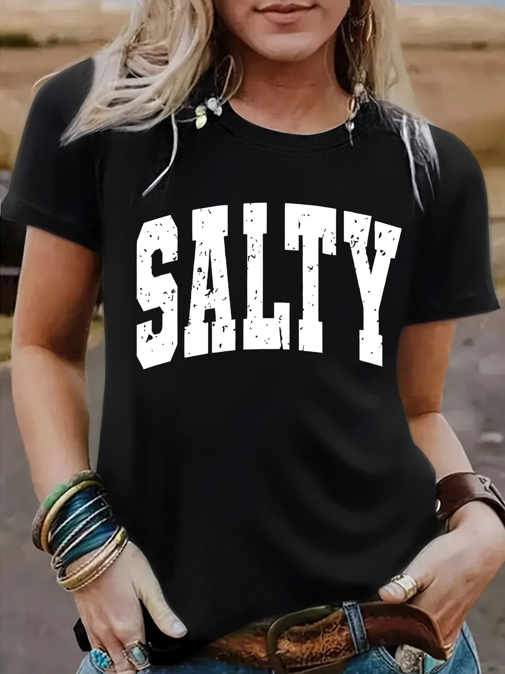 Salty Slogan Short Sleeve Graphic Tee - Black